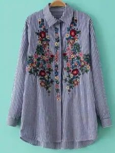 Women's Striped Floral Embroidered Shirt