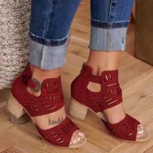 Plus Size Women Breathable Hollow Out Zipper Chunky Heel Ankle Boots