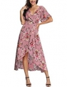 Azalosie Wrap Maxi Dress Short Sleeve V Neck Floral Flowy Front Slit High Low Women Summer Beach Party Wedding Dress