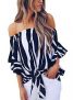Asvivid Women’s Striped Off Shoulder Bell Sleeve Shirt Tie Knot Casual Blouses Tops
